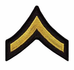 HEROS PRIDE Embroidered Patch: PFC, 3 in, Black/Gold, Plastic, Rank Insignia, 1 PR (MPN 15404P). Key specifications — attr188498: 3 in; attr188499: Gold; attr188500: Plastic; attr188503: PFC; attr193746: HEROS PRIDE.