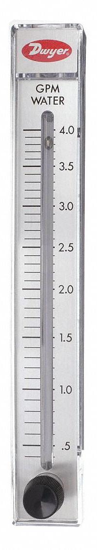 DWYER Flowmeter: Variable Area Flowmeter, Variable Area, Panel Mount, Vertical, Gallons, 130°F, FNPT (MPN RMC-143-SSV). Key specifications — O-Ring Material: Neoprene; Includes Flow Rate Adjustment Knob: Yes; Mounting Orientation: Vertical; Unit Of Measure: Gallons; Brand: DWYER; Accuracy: +/-2%.