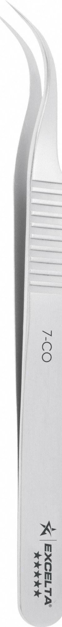 EXCELTA Tweezers: Cobalt, Point, Curved Tip, 0.0012 in Tip Thick (MPN 7-CO). Key specifications — attr1002355: Cobalt; attr1002345: EXCELTA; attr1002348: Cobalt; attr1002358: Serrated; attr1002361: 7-CO; attr1024781: Standard.
