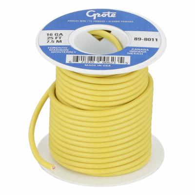 GROTE Primary Automotive Wire: GPT, 25 ft, 1 Conductor, 16 AWG, Yellow - PVC-Insulated General Purpose Primary Wires