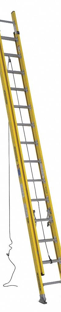 WERNER Extension Ladder: 28 ft Ladder Size, Fiberglass, 375 lb Load Capacity, 63 lb Wt, 2 Sections (MPN 7128-2). Key specifications — Color: Yellow; Brand: WERNER; Included Features: Rope and Pulley; Removable Fly: Removable.
