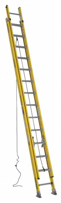 WERNER Extension Ladder: 28 ft Ladder Size, Fiberglass, 375 lb Load Capacity, 63 lb Wt, 2 Sections (MPN 7128-2). Key specifications — Color: Yellow; Brand: WERNER; Included Features: Rope and Pulley; Removable Fly: Removable.