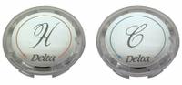 DELTA Index Button: Acrylic, Clear, For Cold/Hot Handle Type, Color/Text Index, Blue/Red, 1 PR (MPN RP19659). Key specifications — Material: Acrylic; Brand: DELTA; For Handle Type: Cold; Color/Finish: Clear; Index Color: Blue; Index Style: Text.