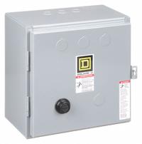 SQUARE D Magnetic Motor Starter: Reversing, 3 Poles, NEMA Size 1, 27 A, 120V AC Coil (MPN 8736SCG8V02S). Key specifications — Brand: SQUARE D; Coil Voltage: 110/120V AC; Phase: Three; Operator: None; Terminal Connection Type: Screw Clamp Terminals; Includes Pilot Light: No; Operator Controls: None; Auxiliary Contacts Included: No Auxiliary Contacts Included.