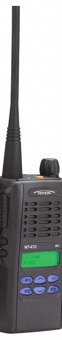 RITRON Handheld Two Way Radio: NT Series, UHF, Analog, 4 W, 255 Channels, Alphanumeric, 13 hr, IP65 (MPN NT470). Key specifications — FCC License Required: Yes.