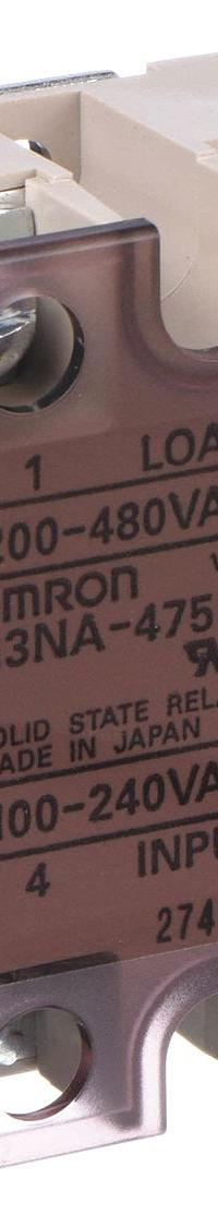 OMRON Solid State Relay: Surface Mounted, 75 A Max Output Current, Photocoupler, AC Output (MPN G3NA475BUTU2AC100240). Key specifications — Brand: OMRON; Current Type: AC; Electrical Connection: Screw Clamp; Finger Safe: Yes; Input Current: 75 A; Maximum Output Current without Heat Sink: 7 A; Mounting Style: Screw; Output Voltage: 200 to 480V AC.