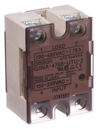 OMRON Solid State Relay: Surface Mounted, 75 A Max Output Current, Photocoupler, AC Output (MPN G3NA475BUTU2AC100240). Key specifications — Brand: OMRON; Current Type: AC; Electrical Connection: Screw Clamp; Finger Safe: Yes; Input Current: 75 A; Maximum Output Current without Heat Sink: 7 A; Mounting Style: Screw; Output Voltage: 200 to 480V AC.