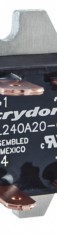 CRYDOM Solid State Relay: Surface Mounted, 20 A Max Output Current, SCR, AC Output (MPN EL240A20-05). Key specifications — Brand: CRYDOM; Current Type: DC; Electrical Connection: Quick-Connect; Finger Safe: No; Input Current: 21 mA; Maximum Output Current without Heat Sink: Not Recommended; Mounting Style: Panel; Output Voltage: 24 to 280V AC.