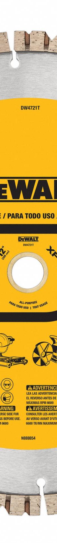 DEWALT Diamond Saw Blade: Block/Brick/Concrete, 12 in Blade Dia., 1 in Arbor Size, Wet/Dry, Better (MPN DW4721T). Key specifications — attr1097734: Wet/Dry; attr1097738: Masonry Saw; attr1097751: DEWALT.
