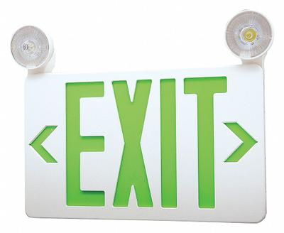 APPROVED VENDOR Exit Sign with Emergency Lights: White, 1 or 2 Faces, Green, LED, Ceiling/Wall - Plastic Exit Signs with Round Top-Mount Light Heads