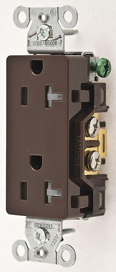 HUBBELL Receptacle: Decorator Duplex, 5-20, Brown, 125V AC, 20 A, 2 Pole / 3 Wire (MPN DR20TR) - General Purpose Receptacles