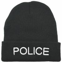 HEROS PRIDE Police Hat: Universal, Black with White Lettering, Acrylic Knit (MPN 6890). Key specifications — Color: Black with White Lettering; Size: Universal; Material: Acrylic Knit.