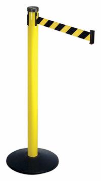 RETRACTA-BELT Barrier Post with Belt: Black/Yellow, Diagonal Stripe, No Legend, 10 ft Belt Lg (MPN 301YA-BYD). Key specifications — Base Material: Cast Iron; Belt Color: Black/Yellow; Brand: RETRACTA-BELT; Post Material: Aluminum; Post Color: Yellow; Message: No Legend.