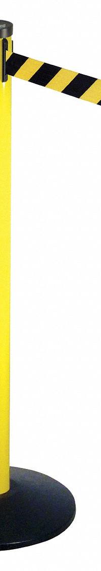 RETRACTA-BELT Barrier Post with Belt: Black/Yellow, Diagonal Stripe, No Legend, 10 ft Belt Lg (MPN 301YA-BYD). Key specifications — Base Material: Cast Iron; Belt Color: Black/Yellow; Brand: RETRACTA-BELT; Post Material: Aluminum; Post Color: Yellow; Message: No Legend.