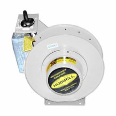 HUBBELL WIRING DEVICE-KELLEMS Extension Cord Reel: Ratchet Lock, 50 ft Cord Lg, 10 AWG, SOW, White (MPN HBL501232WM1). Key specifications — Retractable Cord Ending NEMA Configuration: Bare Wire; Voltage: 600V AC; Brand: HUBBELL WIRING DEVICE-KELLEMS.