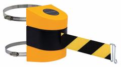 TENSABARRIER Retractable Belt Barrier: Hose Clamp Mounting Plate, 15 ft Belt Lg, Pattern, No Legend (MPN 897-15-C-35-NO-D4X-A). Key specifications — Frame Color: Black/Yellow; Brand: TENSABARRIER; Belt Color: Black/Yellow.