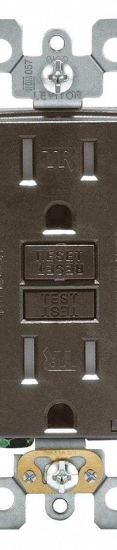 LEVITON GFI Receptacle: Decorator Duplex, 5-15, Brown, GFCI, 125V AC, 15 A, 2 Pole / 3 Wire (MPN GFTR1)