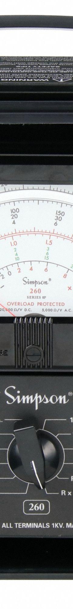 SIMPSON ELECTRIC Analog Multimeter: 1,000 V Max AC Volt Measurement, 1,000 V Max DC Volt Measurement (MPN 260-8PRT). Key specifications — Brand: SIMPSON ELECTRIC.