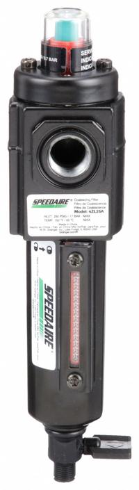 SPEEDAIRE Pneumatic Oil Filter: Coalescing, 3/8 in NPT, 0.01 micron, 10.5 cfm, Metal Bowl, Compact (MPN 4ZL25). Key specifications — attr110055: Compact; attr110008: SPEEDAIRE.