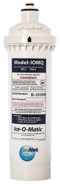 ICE-O-MATIC Quick-Connect Water Filter: 0.5 micron, 1.5 gpm, 12 3/4 in Overall Ht, 4 in Overall Dia (MPN IOMQ). Key specifications — Product Type: Quick-Connect Water Filter; Filter Media: Activated Carbon; Brand: ICE-O-MATIC; Reduces: Chlorine Odor.