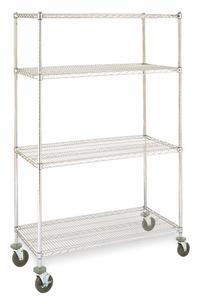 INSTOCK Metal Shelving: 72 in x 18 in x 79 in, Dry/Harsh/Wet, Split Sleeve, 4 Shelves, Silver (MPN GRMSS1872). Key specifications — Color: Silver; Recommended Environment: Wet; Post Shape: Round; Number Of Shelves: 4; Caster Wheel/Configuration: (2) Swivel with Brakes; Material: Stainless Steel; Brand: INSTOCK.