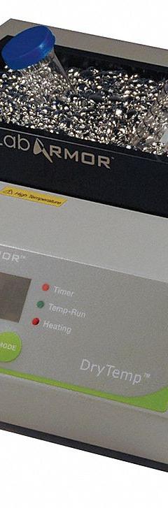 LAB ARMOR Lab Armor Drytemp Bath: 10 1/4 in Overall Dp, 3 1/4 in Overall Ht, 8 3/4 in Overall Wd (MPN 52120-200). Key specifications — Brand: LAB ARMOR; Display Type: Digital; For Use With: Test Tubes; Accuracy: +/-0.2 °C; Voltage: 100/120V AC.