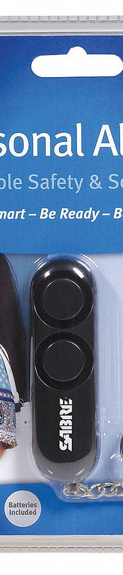 SABRE Personal Protection Alarm: Personal Keychain, Black, Battery, 110 dB Sound Level, Plastic (MPN PA-01). Key specifications — Brand: SABRE; Housing Color: Black; Housing Material: Plastic; Product Type: Personal Alarm.