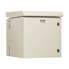EATON TRIPP LITE Server Enclosure with Fan: 12 Rack Units, NEMA 3R, 120V AC, Gray Powder-Coated (MPN SRN3RG12USDP). Key specifications — Brand: EATON TRIPP LITE; Includes: (4) LDPE Sheet Metal Plugs; Material: Steel; Fan Input Voltage: 120V AC; Fan Style: (5) 150 mm Fans; PBT Blades; Aluminum Frame; 190/210 CFM.