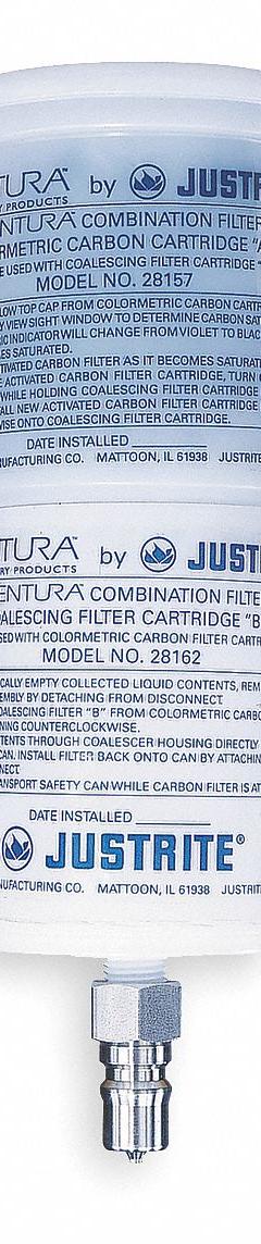 JUSTRITE HPLC Coalescing/Carbon Filter: Plastic, For 1YNK2/1YNK3/1YNK6/1YNK7 (MPN 28162). Key specifications — Compatible Mfr Part Number: BY12755; For Use With: HPLC Disposal Cans; Material: Plastic; Compatible Grainger Part Number: 1YNK3; Accessory Type: Coalescing/Carbon Filter; Brand: JUSTRITE.