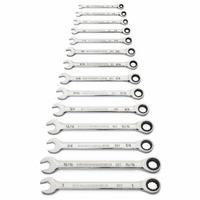 GEARWRENCH Combination Ratcheting Wrench Set: Alloy Steel, Full Polish Chrome, 14 Tools, Std (MPN 86959). Key specifications — attr309581: Full Polish Chrome; attr309580: Alloy Steel; attr309571: No; attr309583: No; attr309587: Yes; attr324931: GEARWRENCH; attr309569: 1/4 in to 1 in.