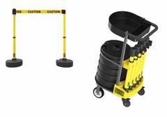 Belt Barrier System: 42 in Post Ht, 15 ft Belt Lg, Yellow, 4 No. of Posts, Message, Fillable Base (MPN PL4001T). Key specifications — Brand: BANNER STAKES; Base Shape: Round Flat; Belt Color: Yellow; Message: Caution; Post Color: Yellow; Includes: (5) Bases; Belt Type: Message.
