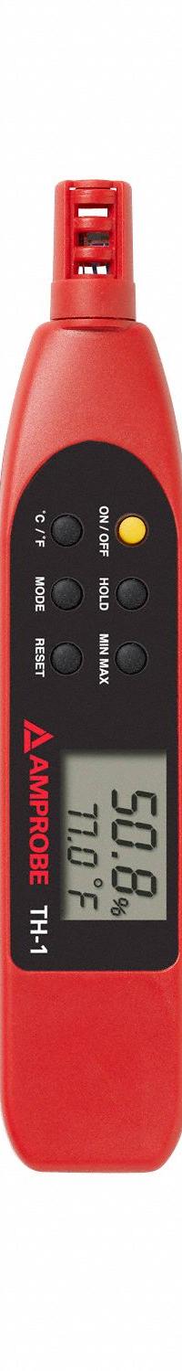 AMPROBE Temperature Humidity Meter: Onboard, Ambient Temp/Dew Point/Relative Humidity/Wet Bulb Temp (MPN TH-1). Key specifications — attr1107597: AMPROBE; attr1134764: Not Included.