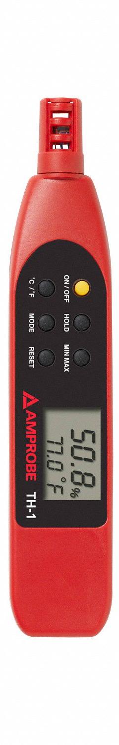 AMPROBE Temperature Humidity Meter: Onboard, Ambient Temp/Dew Point/Relative Humidity/Wet Bulb Temp (MPN TH-1). Key specifications — attr1107597: AMPROBE; attr1134764: Not Included.