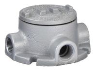 Conduit Outlet Body: Iron, GRF, 1/2 in Trade Size, X Body, 18 cu in Body Capacity (MPN GRFX50). Key specifications — Series: For Standard Body; Compatible Conduit Trade Size: 1/2 in; Thread Gender: Female; Hub Style: Threaded; Cover Included: Yes; Body Style: X; Connection Type: Threaded; Back Type: Flat.