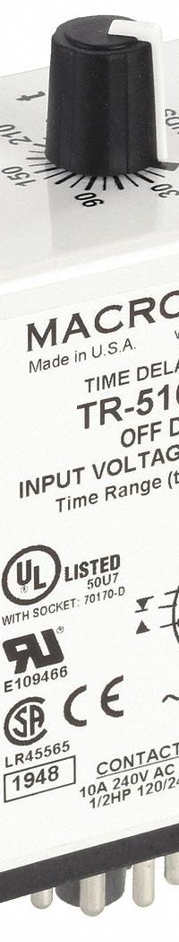MACROMATIC Single Function Time Delay Relay: Socket Mounted, 120V AC/DC, 10 A, 11 Pins/Terminals (MPN TR-51622-12). Key specifications — Brand: MACROMATIC.