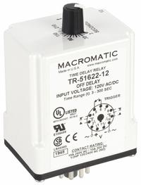 MACROMATIC Single Function Time Delay Relay: Socket Mounted, 120V AC/DC, 10 A, 11 Pins/Terminals (MPN TR-51622-12). Key specifications — Brand: MACROMATIC.