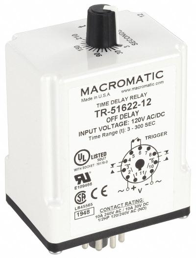 MACROMATIC Single Function Time Delay Relay: Socket Mounted, 120V AC/DC, 10 A - Socket-Mounted Relays