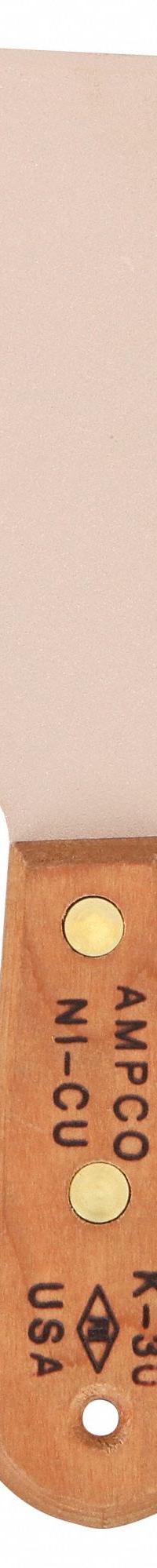 AMPCO Putty Knife: Bld. Mat. Nickel Copper, Hdl. Mat. Wood, Stiff, Straight Bld. Shape (MPN K-30). Key specifications — attr1004902: AMPCO; attr1012057: Half; attr1014703: Wood; attr1017570: Standard End; attr1029655: Straight; attr1034073: Bevel/ Offset.