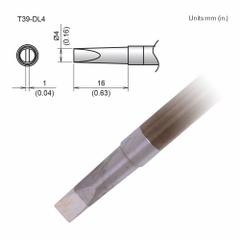 HAKKO Soldering Tip: T39 Series, Chisel, 4 mm W, 16 mm Lg (MPN T39-DL4). Key specifications — Brand: HAKKO; Compatible Handpiece Manufacturer Model Number: FX-9702; Manufacturer Part Number: T39-DL4.