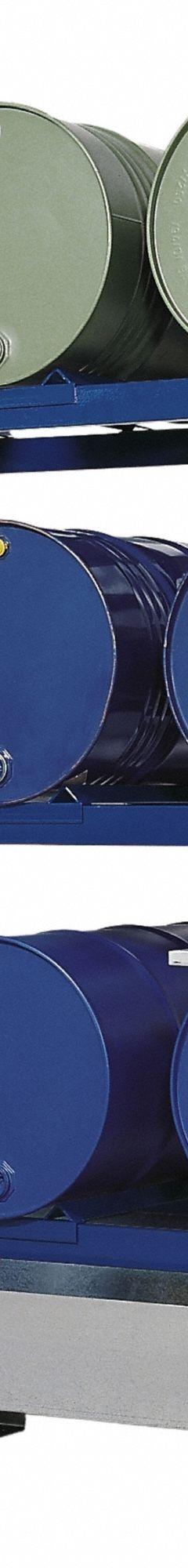 DENIOS Drum Dispensing Racks & Trucks: 96 in x 36 in x 96 in, For 9 Drums, 3 Levels, Blue (MPN K34-1117). Key specifications — Weight Capacity Per Level: 2,200 lb (Bottom); Color/Finish: Blue; For Drum Capacity: 55 gal; Brand: DENIOS.