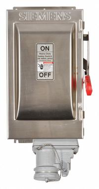 SIEMENS Safety Switch: Fusible, 30 A, Three Phase, 600V AC, 304 Stainless Steel, Indoor/Outdoor (MPN HF361SCH). Key specifications — Brand: SIEMENS; Compatible Plug Series: Crouse-Hinds Arktite.
