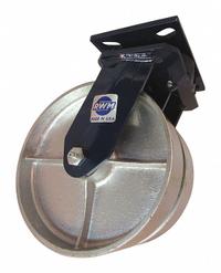 RWM Plate Caster: Swivel, Iron, 8 in Wheel Dia, 2 in Wheel Wd, 10 1/8 in Mounting Ht, Roller, Swivel (MPN 2-75-CIR-0820-S). Key specifications — Wheel/Tread Color: Silver; Brand: RWM; Roll Up: Swivel.