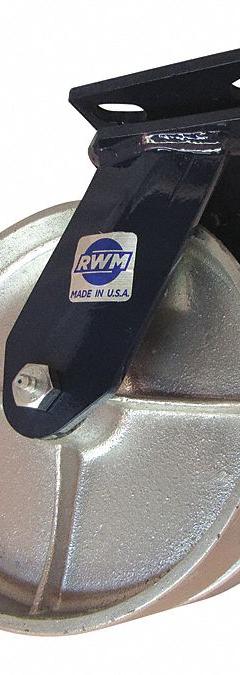 RWM Plate Caster: Swivel, Iron, 8 in Wheel Dia, 2 in Wheel Wd, 10 1/8 in Mounting Ht, Roller, Swivel (MPN 2-75-CIR-0820-S). Key specifications — Wheel/Tread Color: Silver; Brand: RWM; Roll Up: Swivel.
