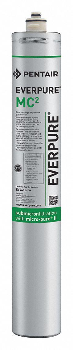 PENTAIR/EVERPURE Quick-Connect Water Filter: 0.5 micron, 1.7 gpm, 9,000 gal, 21 in Overall Ht (MPN EV961255-75). Key specifications — Filter Media: Agion; Reduces: Cyst; Brand: PENTAIR/EVERPURE.