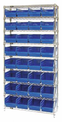 QUANTUM STORAGE SYSTEMS Bin Shelving: 36 in x 18 in x 74 in, 1 Sided, 32 Bins, Open, Shelf Bin, Blue (MPN WR9-208BL). Key specifications — Includes Bins: Yes; Bin Material: Polypropylene; Frame Color: Silver; Bin HxWxD: (32) 6 in x 8-3/8 in x 17-7/8 in; Frame Material: Steel; Bin Color: Blue; Bin Style: Shelf; Brand: QUANTUM STORAGE SYSTEMS.