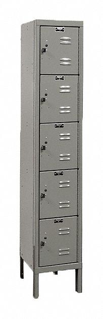 HALLOWELL Box Locker: 12 in x 12 in x 66 in, 5 Tiers, 1 Units Wide, Louvered, Padlock Hasp, Gray (MPN U1226-5HG). Key specifications — Locker Color: Dark Gray; Door Type: Louvered; Includes Number Plates: Yes; Brand: HALLOWELL; Assembled: Unassembled; Color Family: Gray.