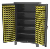 GREENE MANUFACTURING, INC. Bin Cabinet: 36 in x 24 in 84 in, 4 Shelves, 94 Bins, Yellow, Flush, Gray (MPN EX-723-1BS3). Key specifications — Bin Color: Yellow; Bin HxWxD: (94) 3 in x 4-1/8 in x 7-3/8 in; Assembled: Assembled; Cabinet Style: Shelf and Bin; Brand: GREENE MANUFACTURING, INC.; Cabinet Color: Gray; Cabinet Finish: Baked Enamel; Cabinet Material: Steel.