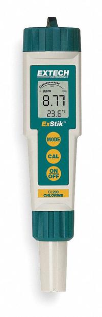 EXTECH Pocket Multiparameter Meter: Chlorine, Total Residual Chlorine/Water Temp, Instructions (MPN CL200). Key specifications — Test Parameters: Chlorine; Manufacturer Part Number: CL200; Configured Test Parameters: Chlorine; Measurement Components Included: Total Residual Chlorine; Other Accessories Included: Instructions; Reagents and Solutions Included: (50) Reagent Tablets.