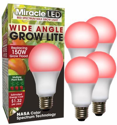 MIRACLE LED Grow Bulb: LED, A19, 120V, Full/Broad/Red - Plant Growth Bulbs