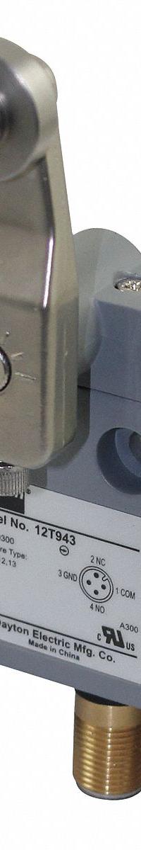DAYTON Limit Switch: Adj Roller Lever-Arm, Submersible, 1.42 in-lb Op Torque - Max, 2 Mounting Holes (MPN 12T943). Key specifications — Manufacturer Part Number: 12T943; Brand: DAYTON; Electrical Connection: 4-Pin M12 Connector.